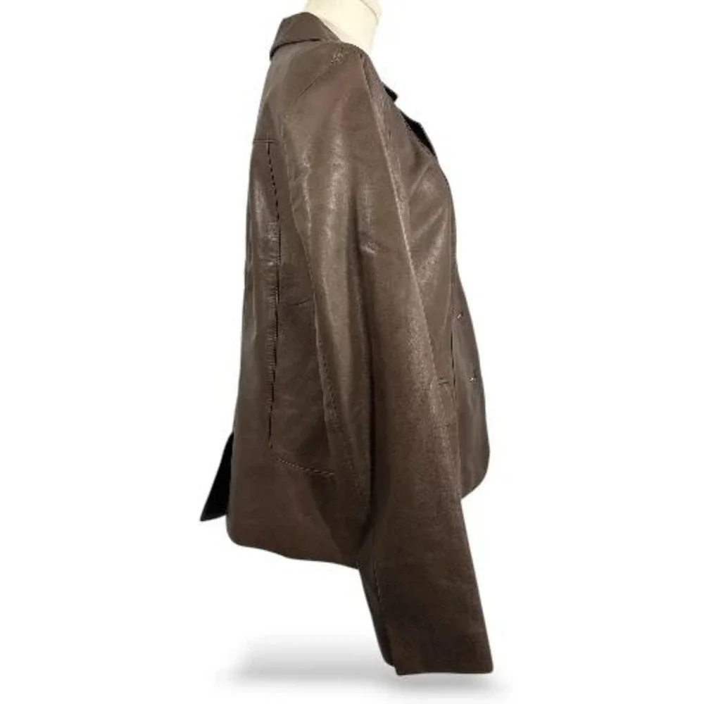 Tahari Leather‎ Blazer Jacket Womens Size L Brown Button Up Long Sleeve Career